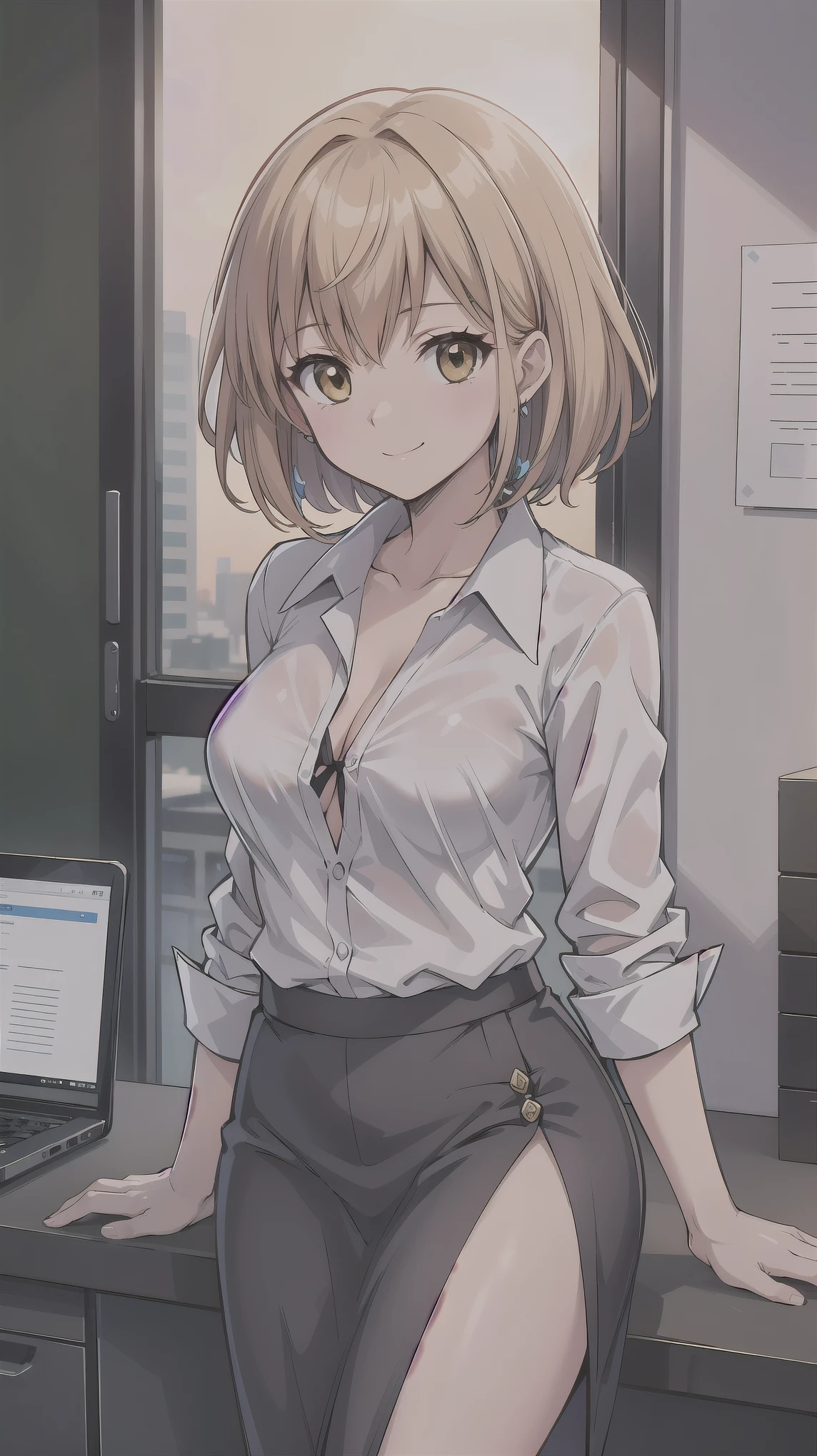 ((super high quality,))((Ultra-high resolution,))(16K,)(super masterpiece,)((Ultra HD ,))(Detailed shading,)One office lady,popped Tight collar White shirts,smile,Office in the morning sun,
