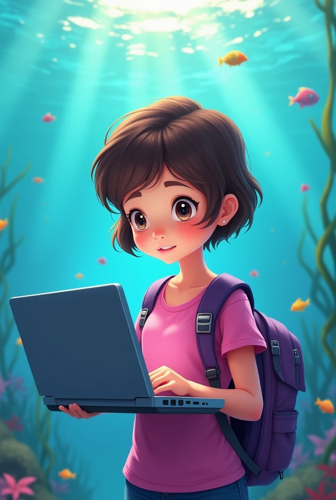 girl with brown short hair wearing pink t-shirt and purple bag pack, holding acer laptop, diving