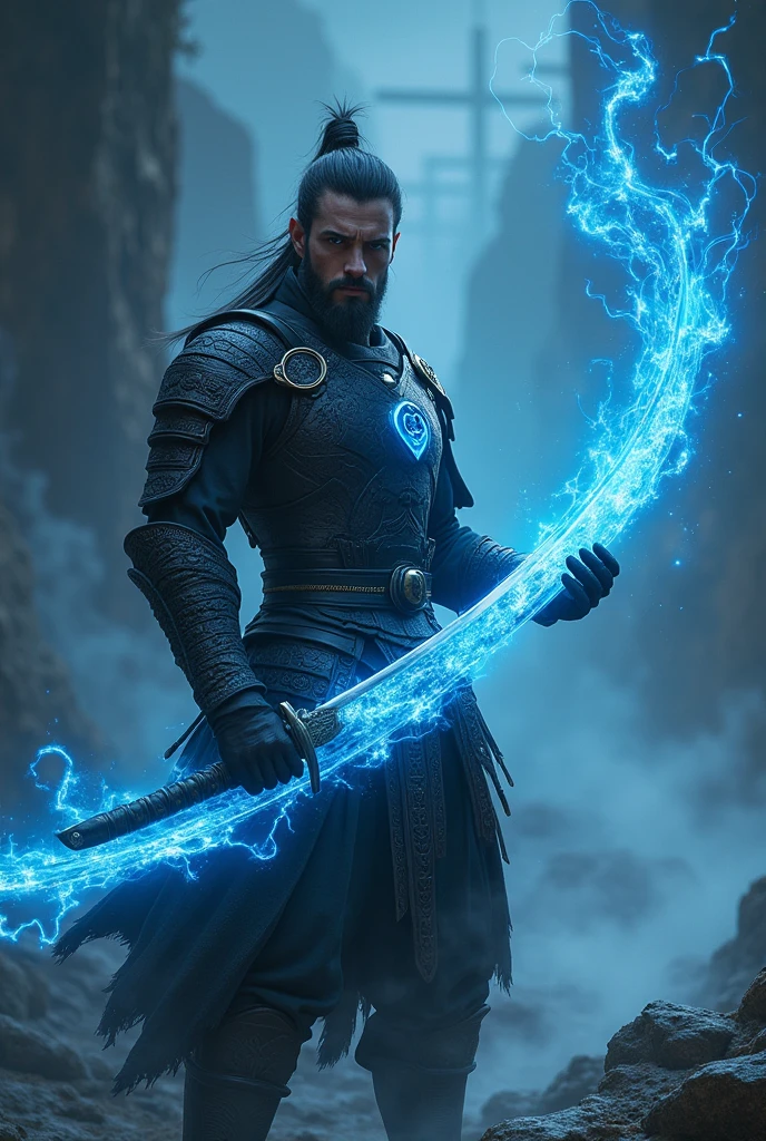 A man holding a blue dragon-powered katana 
