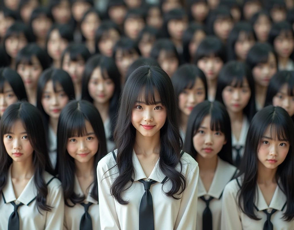 (Japanese Clone-girls=Myself), (Super Best masterpiece Clone-girls Raw Photography Art), (16K, Highest quality, Ultra-high resolution, RAW Photos), (It's so unrealistic., With unparalleled depiction, With an unfathomable sight, An unprecedented and shocking worldview, Clone-girls: In a world of mass reproduction, Ultra-realistic), (Japanese Girls, , Small face, Thick black hair, long hair, Dark Eyes, Mature face, かわいいsmile, Smiling face, A gentle gaze, Very pleasant look), (Very beautiful detailed girls, Accurate body structure, Accurate body movements, Very detailed body, (Super big breasts, Large bulge of ample breasts)), (Schoolgirl uniform, Short sleeve, mini skirt, Emphasise the fullness of your breasts), (Very detailed, Myself cloning, Depiction of splitting oneself, 1Myself girl→1,000,000,000,000,000,000,000,000,000,000Myself cloning girls), (Very detailed and intricate, Myself's body is multiplying, A perfectly matched depiction, (In the same female body,With the same face, With the same hairstyle, In the same clothes, At the same height, 同じSuper big breasts), 1,000,000,000,000,000,000,000,000,000,000 people mass proliferation), (Myself girls only), Academy, gym, stage, academic level, Commemorative photo depiction, Group photo, Tiered stage photography, smile, Front view