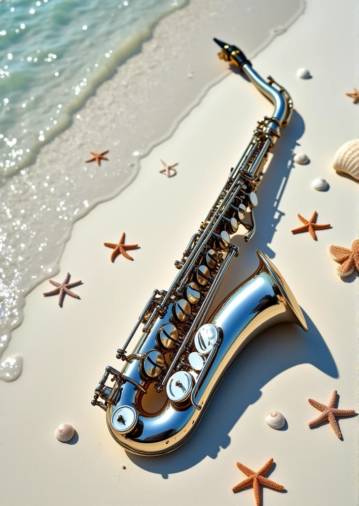 A beautiful Selmer tenor saxophone washed up on a white sand beach、Silver Saxophone、Shiny light reflects、You can see small starfish and shells.、Water's Edge、sparkle、Artwork、top view, high resolution、high quality、