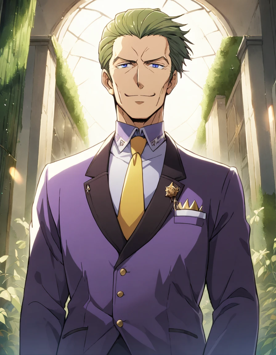 1man, (mature dad in ail-soft style, dandy president, moss olive hair, deepblue eyes, arafed spiky hair slicked back), ideal ratio body proportions, BREAK (over 30s, elder producer, toned dilettante, high cheekbones, broad shoulder, square shaped face, handsome, beautiful detailed eyes, under 40s), BREAK (violet formal jacket, purplewhite shirt, yellow necktie, simple costume), BREAK solo, cool smile, smart emotion, BREAK upperlegs, crime film expression, 2000s, (old hentai CG, in Ribahara Aki style), BREAK depth of field, dutch angle, cinematic shadows, cinematic lighting, lens flare, light leaks, texture, absurdres absolutely resolution, extreme all detailed, greatest paint, BREAK masterpiece, best quality, BREAK score_9, score_8_up, score_7_up, source_anime, rating_safe, score_6_up, score_5_up, score_4_up