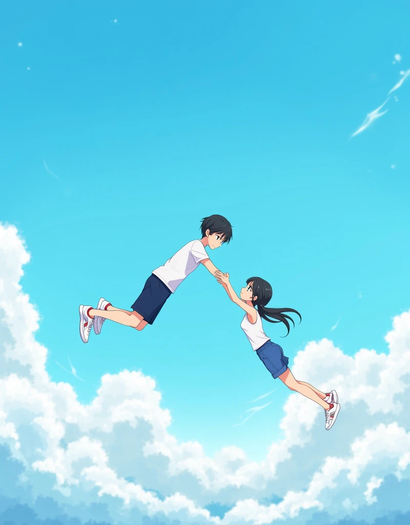 Create a anime style landscape image. Surreal, digitally manipulated image featuring two individuals floating in a clear blue sky above a layer of fluffy white clouds. The layout is vertical, with one person positioned at the top and the other at the bottom. The person at the top is a male with short black hair, wearing a white t-shirt, dark blue shorts, and white sneakers. He is reaching downwards with his right hand extended. The person at the bottom is a female with long black hair tied in a ponytail, wearing a white sleeveless top, blue shorts, and white sneakers with red accents. She is reaching upwards with her left hand extended. Both individuals have light skin tones. The image conveys a sense of weightlessness and freedom.