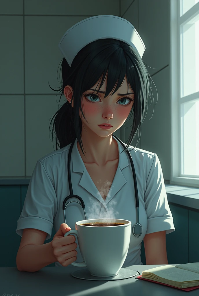 Drawing of a tired nurse drinking coffee