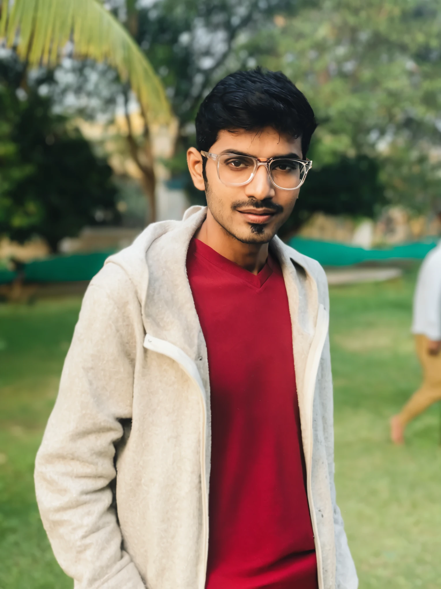 araffe man in a red shirt and glasses standing in a park, jayison devadas, inspired by Saurabh Jethani, full body photogenic shot, jayison devadas style, taken with sony a7r camera, photo taken with sony a7r camera, candid picture, vastayan, portrait mode photo, portait photo profile picture, very artistic pose