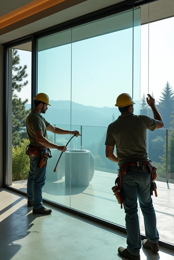 A professional window installation team applying transparent protective film to a large modern glass window in a high-end residential setting, highlighting the precision and care in their work