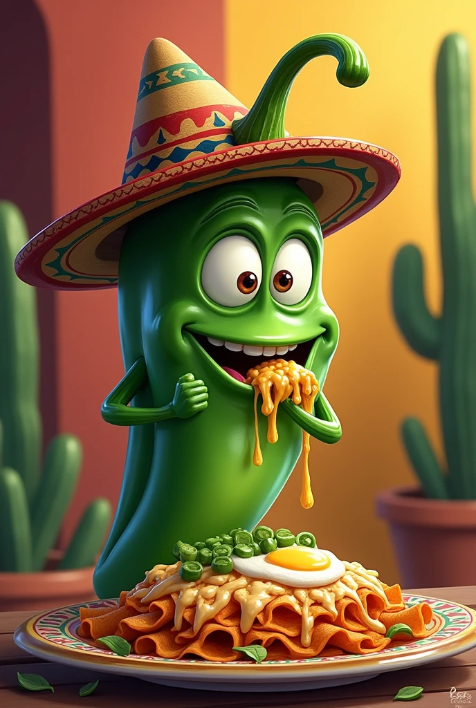 Jalapeño pepper wearing a hat and eating chilaquiles