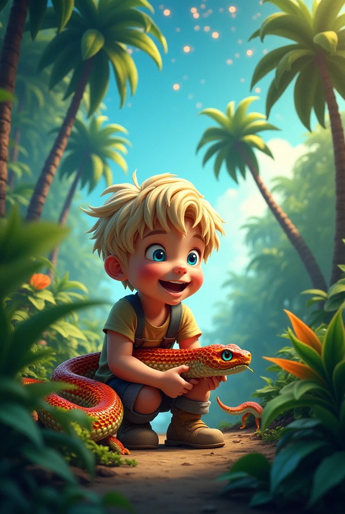 A boy with blond hair and blue eyes, Happy boy playing with a poisonous snake in a tropical jungle with starry sky 