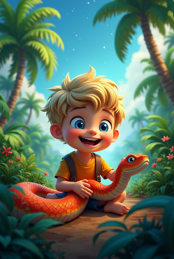A boy with blond hair and blue eyes, Happy boy playing with a poisonous snake in a tropical jungle with starry sky 