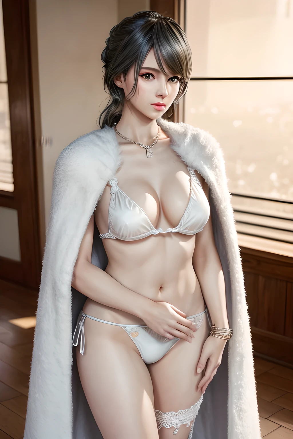 A lady with extraordinary temperament, she stands in a modern indoor space, as if she is a model from a fashion magazine. She is wearing a (pure white long fur cape), the softness and luster of which makes her look more noble under the light, and complements her (beige bikini) underneath, showing her gentle temperament while maintaining a sense of fashion. The style of the dress is simple and generous, a perfect match, and it lengthens her figure, making her tall and charming. The lady's makeup is delicate and elegant, which just highlights her facial features and makes people unforgettable at first sight. Although the earrings and necklace she wears are not ostentatious, they add a bit of sophistication and nobility to her overall look. Her hair is casually draped over her shoulders, and every strand of hair exudes a natural luster,, (best quality,8k,highres,masterpiece:1.2),ultra-detailed,(realistic,photorealistic,photo-realistic:1.37),studio lighting,ultra-fine painting,sharp focus,physically-based rendering,extreme detail description,professional,vivid colors