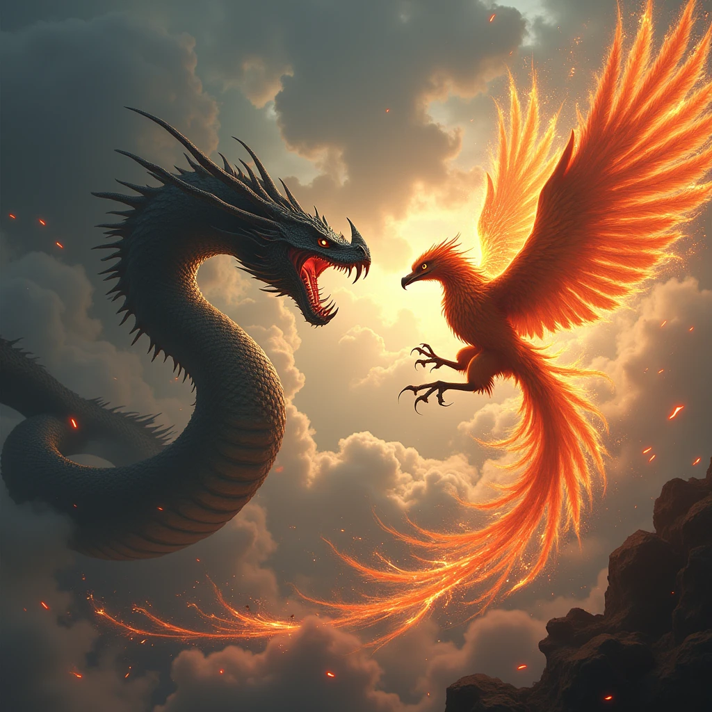 A fierce battle rages between a monstrous serpent and a valiant phoenix. The serpent, scales gleaming like obsidian, lunges with venomous fangs bared. The phoenix, a whirlwind of fire and fury, counters with talons ablaze. Each strike of claw and fang crackles with energy, illuminating the stormy sky with flashes of blinding light. This is a clash of titans, a timeless struggle between darkness and light, where only one can emerge victorious.