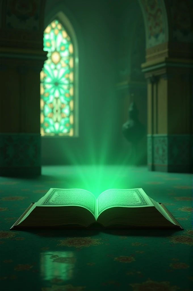 A window of a mosque from the inside illuminated with green light on the Holy Quran