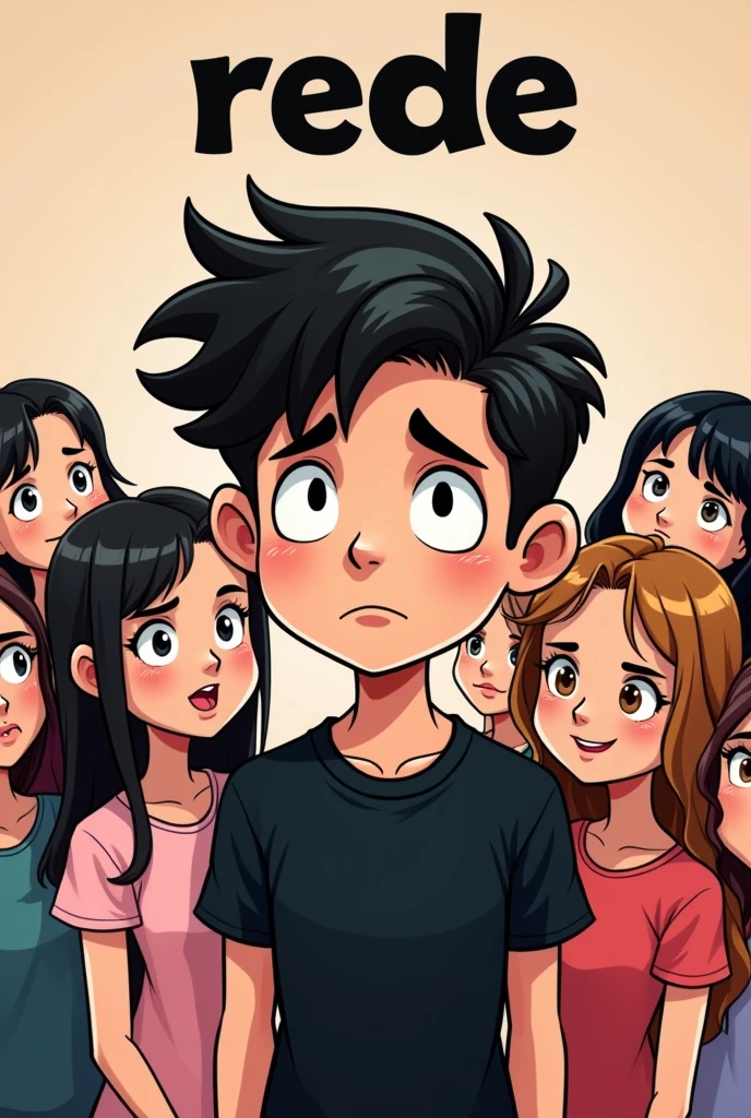 A cartoon text that say "REDE" with a simple cartoon age handsome boy but he's in the emotionless mode and wears a black shirt and no cares on girls beside him, the girls seems so I love with him but he don't care, make this as a album cover photo