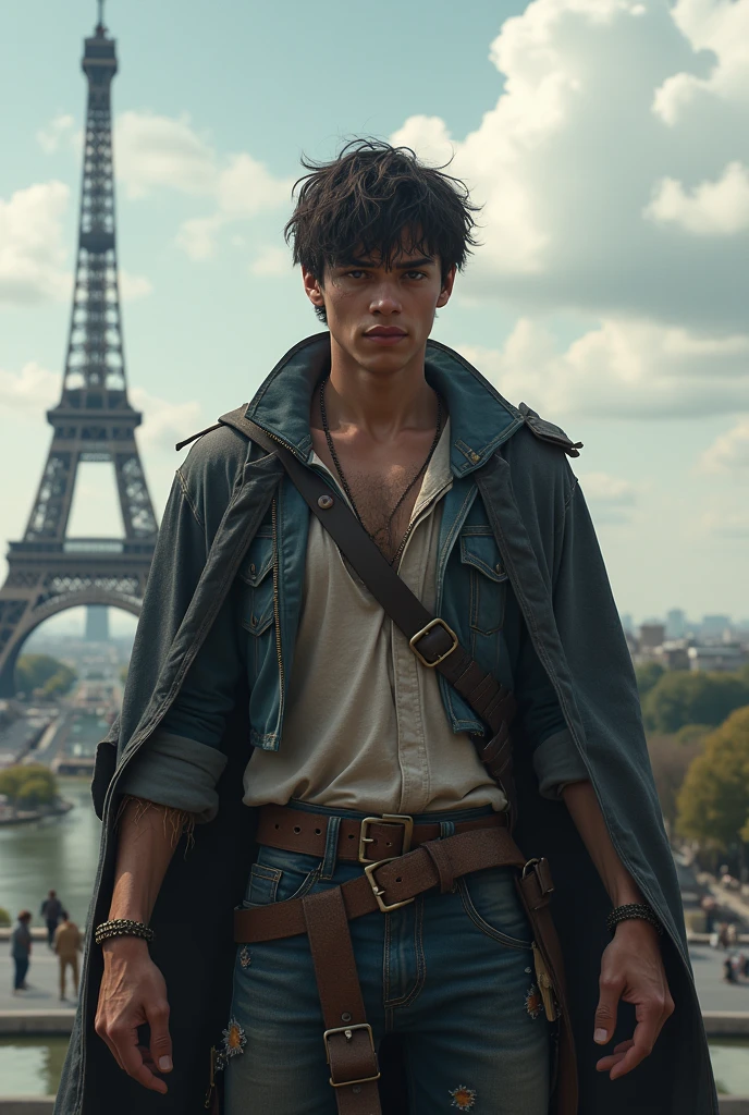 Jeune homme face a la tour Eiffel, vêtements déchiré après la guerre des Miraculous. Qui vient de gagner et devient le gardien de la miracle box et des Miraculous.