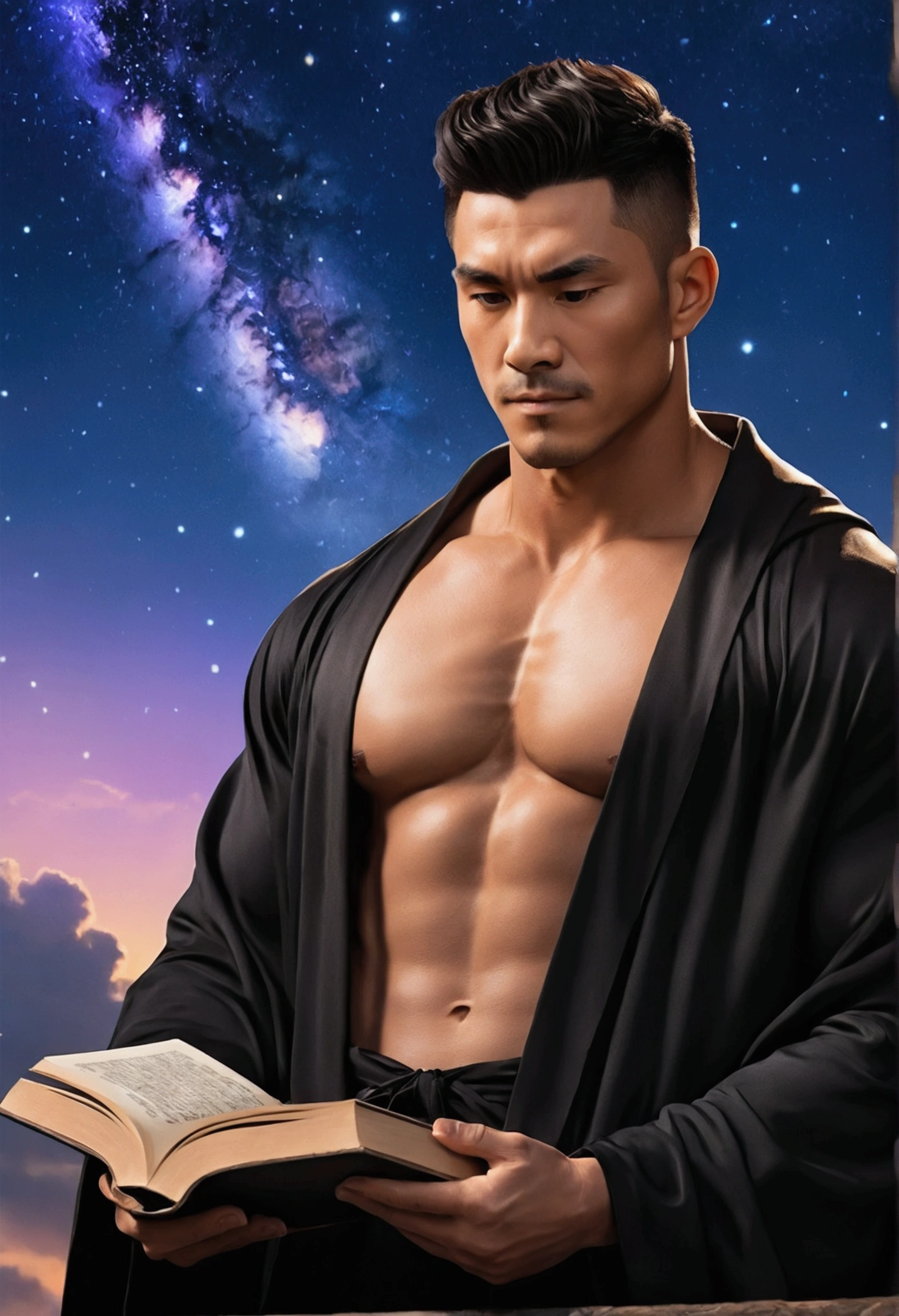 Highest quality、masterpiece、(muscular male:1.2)、(father:0.5)、Black Hair、Brown skin、Short Hair、Sports haircut、short hair、fantasy、library、wizard、Wearing a jet black robe、bare chest、Have a magic wand、starry skies、Looking for a book