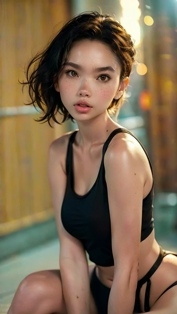 Create a Pixar-style character with long, black hair ,light brown skin woman, small breasts dark brown eyes , thin eyebrow and thin face and big mouth with tank top