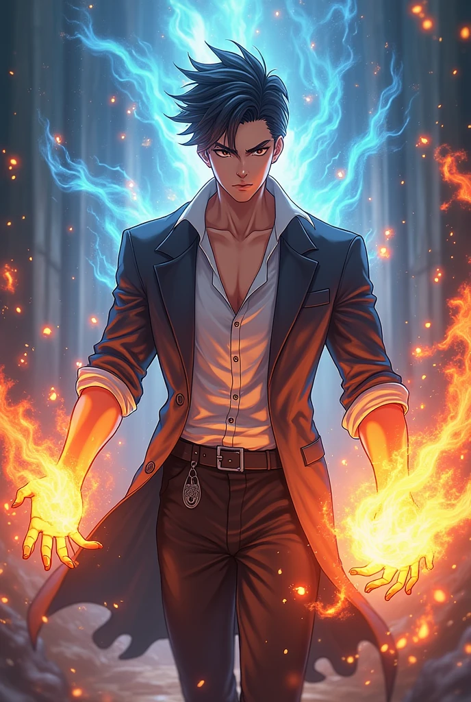 A super good anime looking guy handsome cool lovely charming tall with power of light fire and dark fire  