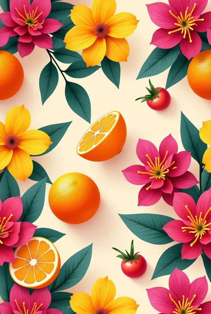 Create a pattern with yellow flowers, oranges, fuchsia with light brown background