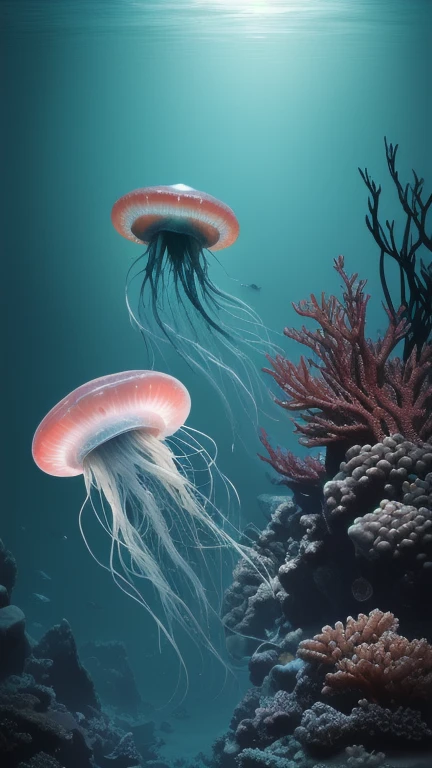 Marine prehistoric animals glow and swim in the depths of the ocean. Large crystal glowing jellyfish are swimming around. Nearby there are corals and sea plants. Science fantasy, Dramatic lighting, dramatic fantasy scene, Dark gloomy atmosphere, Detailed textures, Highly detailed, 8K, Cinematic, Award-winning artwork, Digital painting, Conceptual art, Photorealistic, Detailed eyes. Resolution 16K,Nikon Z9, digital photography, ultra textured leather, Realistic photography, Cinematic effect, soft light, soft shadows, high quality volumetric lighting
