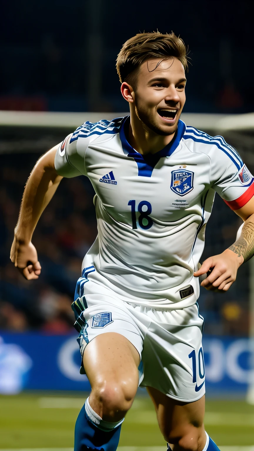 a happy male soccer player in white uniform dribbles the ball, detailed facial features, dynamic pose, action shot, sports, movement, energy, vibrant colors, realistic, photorealistic, 4k, high quality, detailed texture, studio lighting, full body photo