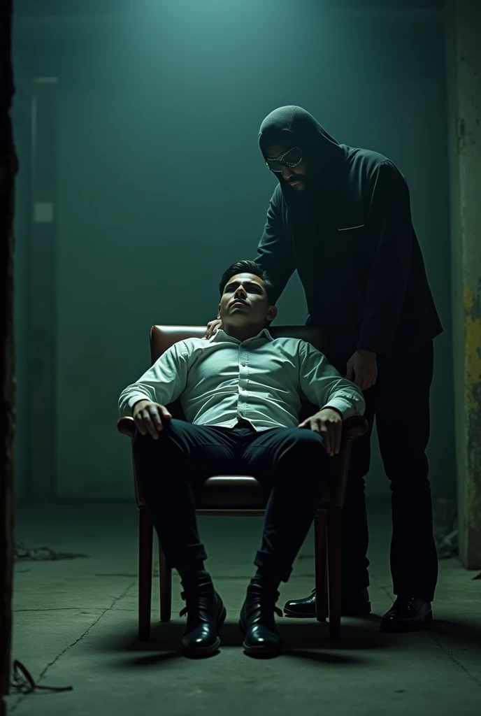 There is a handsome young Malay businessman from Malaysia named Haqiem tangan,legs in black ankle socks tied to a chair and eyes covered with a cloth in a warehouse The kidnapper, a man in a black mask, removes Haqiem's shoes