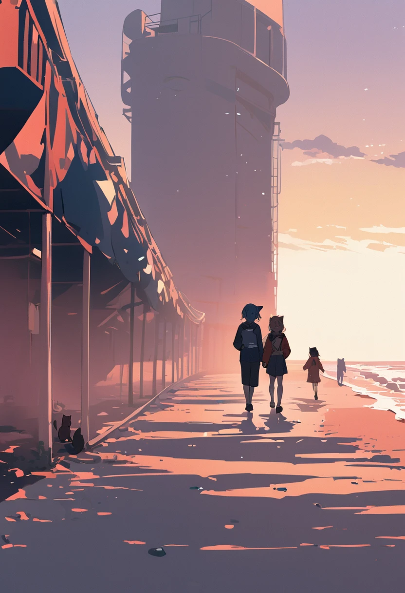 (masterpiece, Highest quality),Pop Art,Flat Color,A girl is walking with a kitten on the beach,and kitten,Cute Face,Tween,(Enjoying a walk),Beautiful detailed scenery, Friendly,very happy,Beautiful lighting,Dynamic Angle,Depth of written boundary,photo portrait, sharp,An illustration/Hisashi Eguchi,avert your eyes,