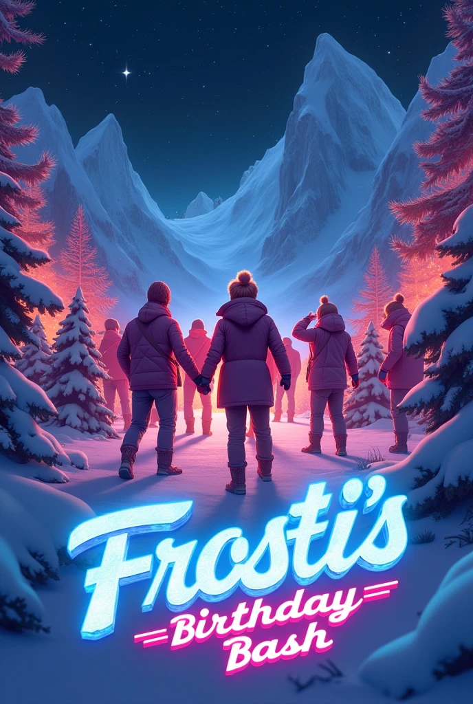 I need a sythwave artwork wich has a winter theme, put a logo on the bottom of the arwork logo, the text should look like if it's made out ice: FROSTI'S BIRTHDAY BASH 