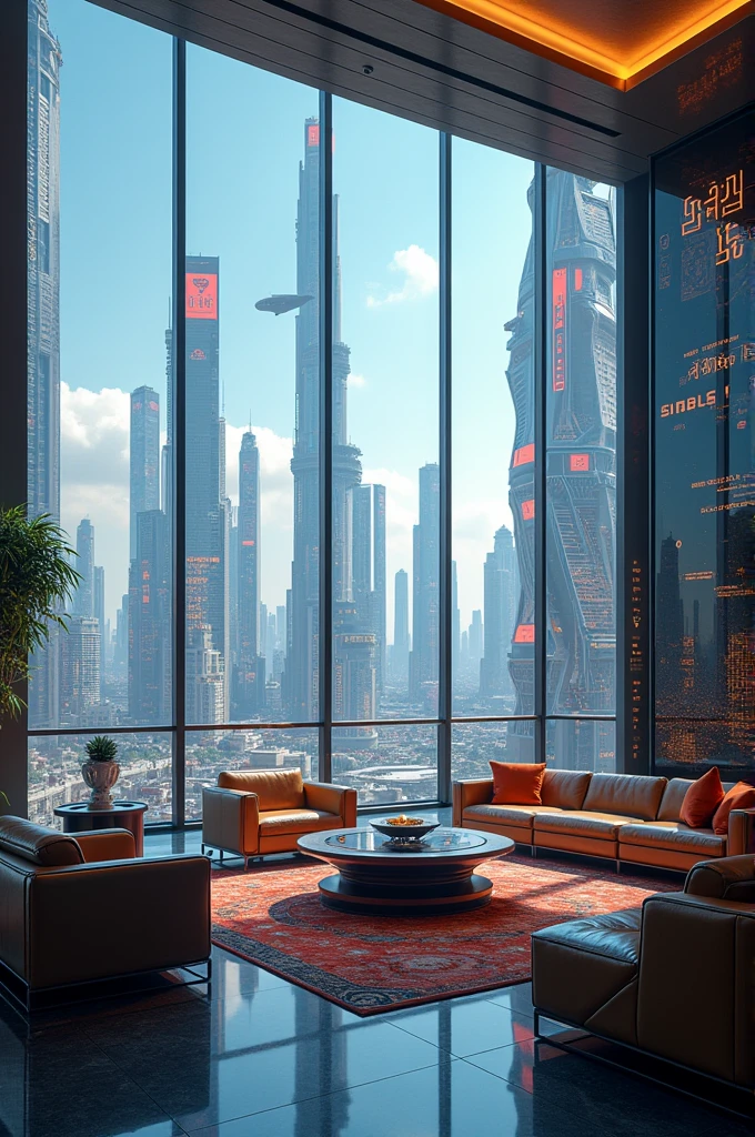 Luxury penthouse with a panorama view of a cyberpunk futuristic city 
