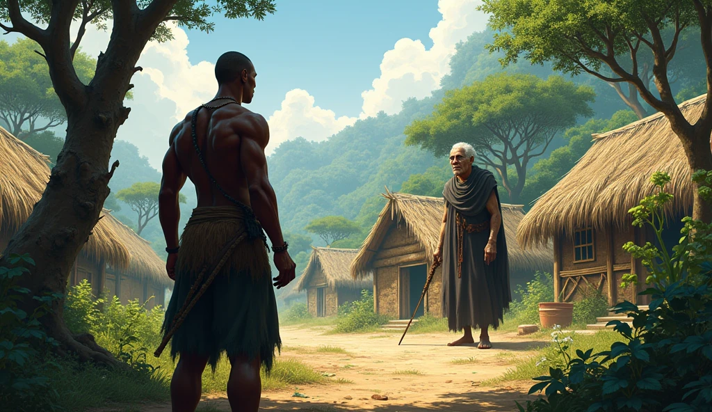 an African hunter with a short hair confronting an old witch in a village of huts