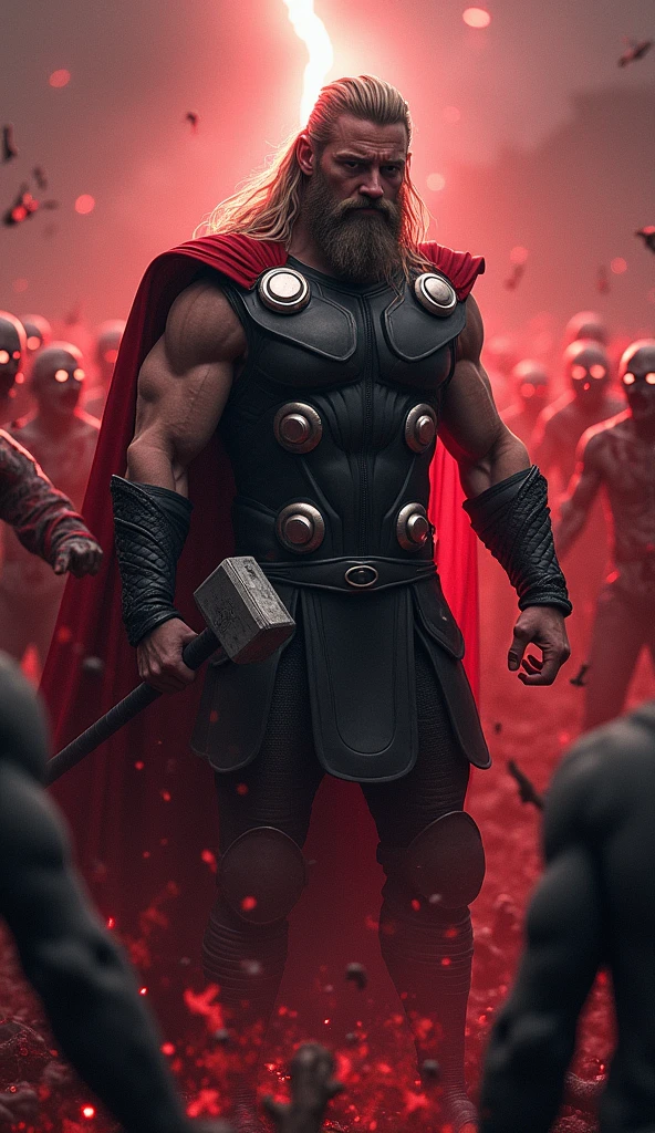 Thor Surrounded by Zombies: Thor in the center, surrounded by zombies on all sides, with a fierce look and ready to fight. Background with red and black tones to intensify the atmosphere of danger.
