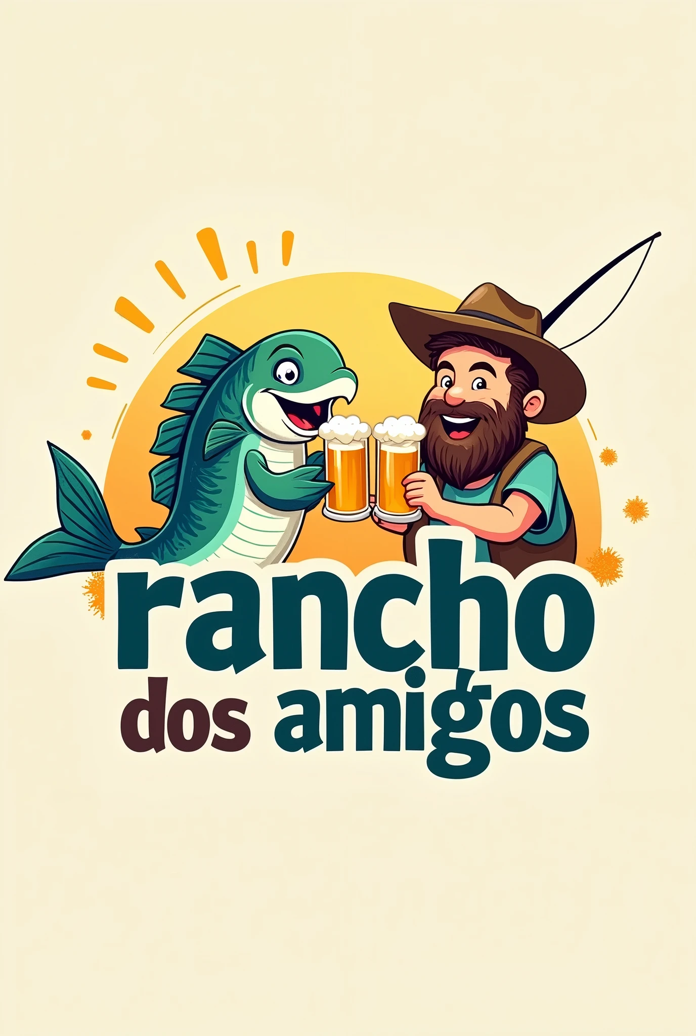 logotype, fishing group, a fish drinking beer next to a fisherman, the two happy and toasting with a glass of beer, in the middle of the image written ''Rancho dos Amigos''