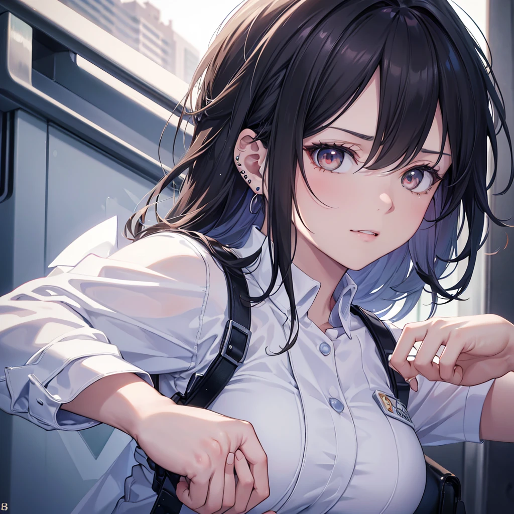 White or pale blue scrub clothing, a nurse aide with long dark hair, piercing gaze, and a stern expression, full body view, high resolution, detailed, anime-style illustration, beautiful black hair, almond-shaped eyes, brown eyes, looking down with an intense, psychotic demeanor, large breasts, no piercings, (best quality,4k,8k,highres,masterpiece:1.2),ultra-detailed,(realistic,photorealistic,photo-realistic:1.37), Background White, cute fang,