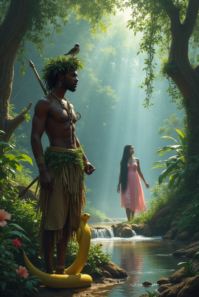 black-skinned male, short-hair, with a crown of herbs on her head, supported only on one leg, in one hand he carries a small 7-pointed tribal spear, at the waist several gourds hung like a belt, smoking a sacred ritual pipe, dressed only in leaves and herbs, that involves the waist and chest, calm demeanor, pure and distracted, looking at the trees, a beautiful bird accompanies him like a faithful friend, Ele está localizado em uma flowers ta virgem, richly adorned with many species of plants, Trees, climbing vines, flowers, all with great healing power, a great atmosphere of joy and protection is in the air, a stream in the distance. Next to a beautiful black-skinned woman, long  hair, pink flowing clothes, Pure appearance, innocent, no meio da flowersta virgem, at dusk, under a pleasant and harmonious mist, with a big snake, Yellow, beautiful and carefree walking nearby, near a beautiful river source.