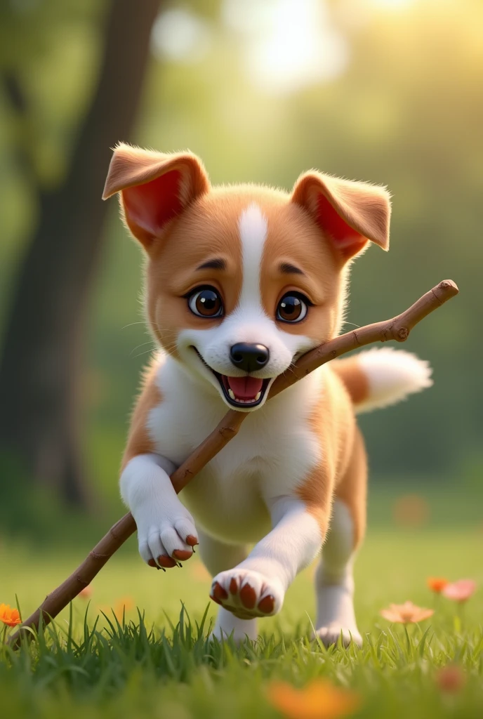 Jack Russell Terrier、Light brown hair all over the body、Does not include any coat color other than light brown、Dignified fur、Perky ears、Adorable expression、Adorable behavior、Expressions of affection、Sharp jawline、black々A slender nose、The background is a park、Fun Expressions、Real Stick