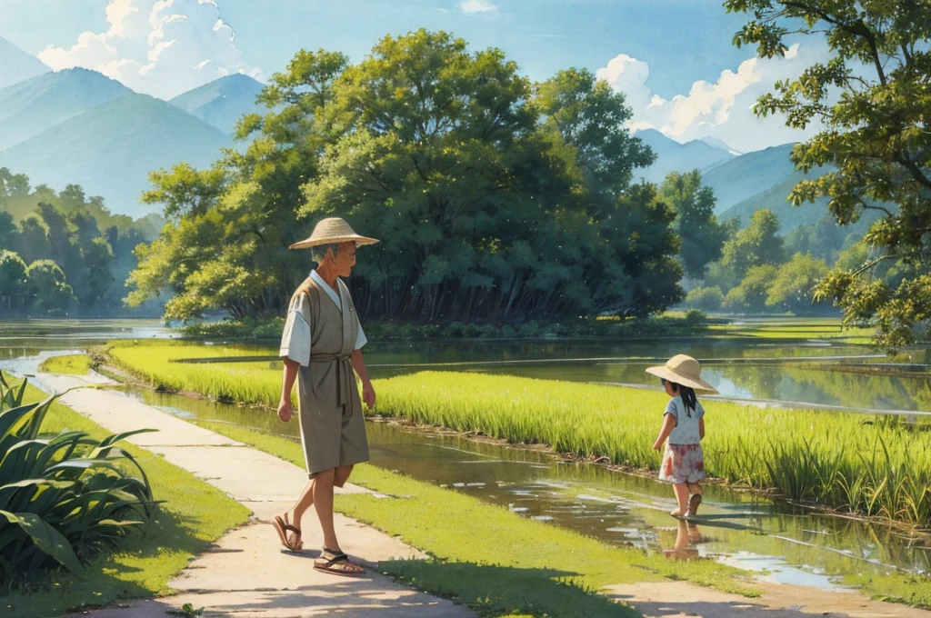 watercolor,(masterpiece, best quality,ultra highres),1980's,rice field scenery, a japanese oldman and a  walking along a footpath,side view,joy,sandals,