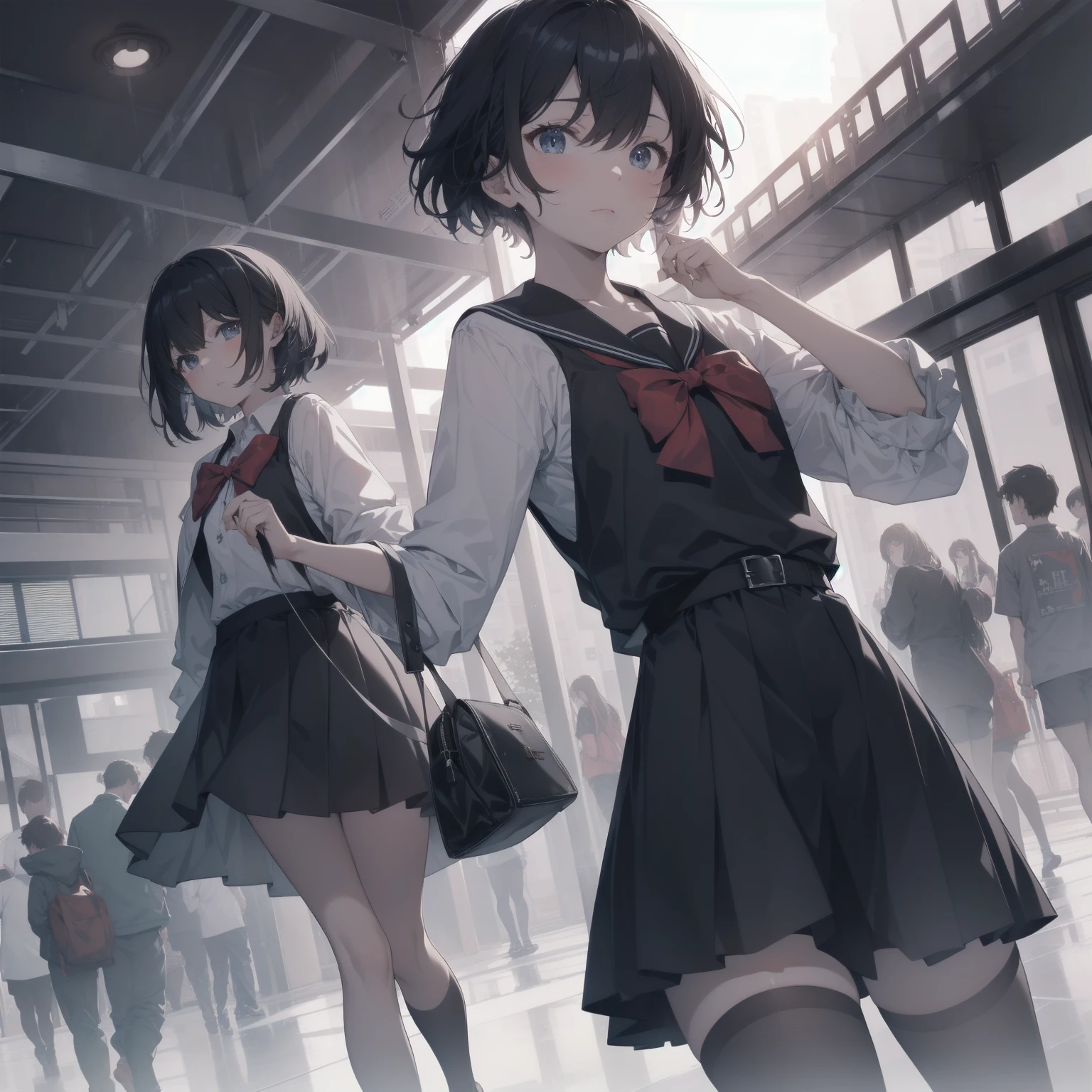 ultra-absurdres-Top quality by artist God, ultra-detailed, high resolution, anime moe artstyle, best anime 8k konachan wallpaper, pixiv contest winner, pool:2810, perfect ,break, 1girl, (Please draw a girl walking sleepily to school alone. )break,(Solo,little female,15yo:1.3),Full limbs, ,a junior high school student, (very short hair), short cut, flat chest, , small butt, small black eyes, beautiful detailed eyes, well-proportioned iris and pupils, expressive eyes, highres detailed hair, soft expression, salor school_uniform, sailor collar, serahuku, bow, pleated skirt,(Detailed Lighting), (Detailed background), in the School commute route. break,super detailed skin, Best cinematic lighting powered by famous artist, 8k,beauty illustration,photoshop_(medium),very aesthetic,break,((artist:echo_(circa) )), artist:clamp ,artist:carnelian ,artist:kantoku ,
