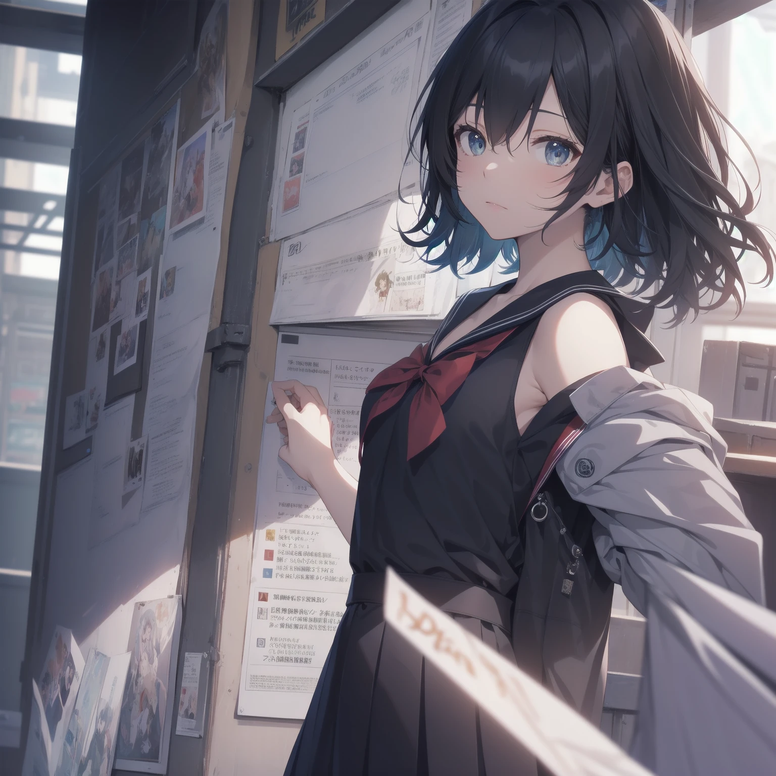 ultra-absurdres-Top quality by artist God, ultra-detailed, high resolution, anime moe artstyle, best anime 8k konachan wallpaper, pixiv contest winner, pool:2810, perfect anatomy,break, 1girl, (Please draw a girl walking sleepily to school alone. )break,(Solo,little female,15yo:1.3),Full limbs, ,a junior high school student, (very short hair), short cut, flat chest, , small butt, small black eyes, beautiful detailed eyes, well-proportioned iris and pupils, expressive eyes, highres detailed hair, soft expression, salor school_uniform, sailor collar, serahuku, bow, pleated skirt,(Detailed Lighting), (Detailed background), in the School commute route. break,super detailed skin, Best cinematic lighting powered by famous artist, 8k,beauty illustration,photoshop_(medium),very aesthetic,break,((artist:echo_(circa) )), artist:clamp ,artist:carnelian ,artist:kantoku ,
