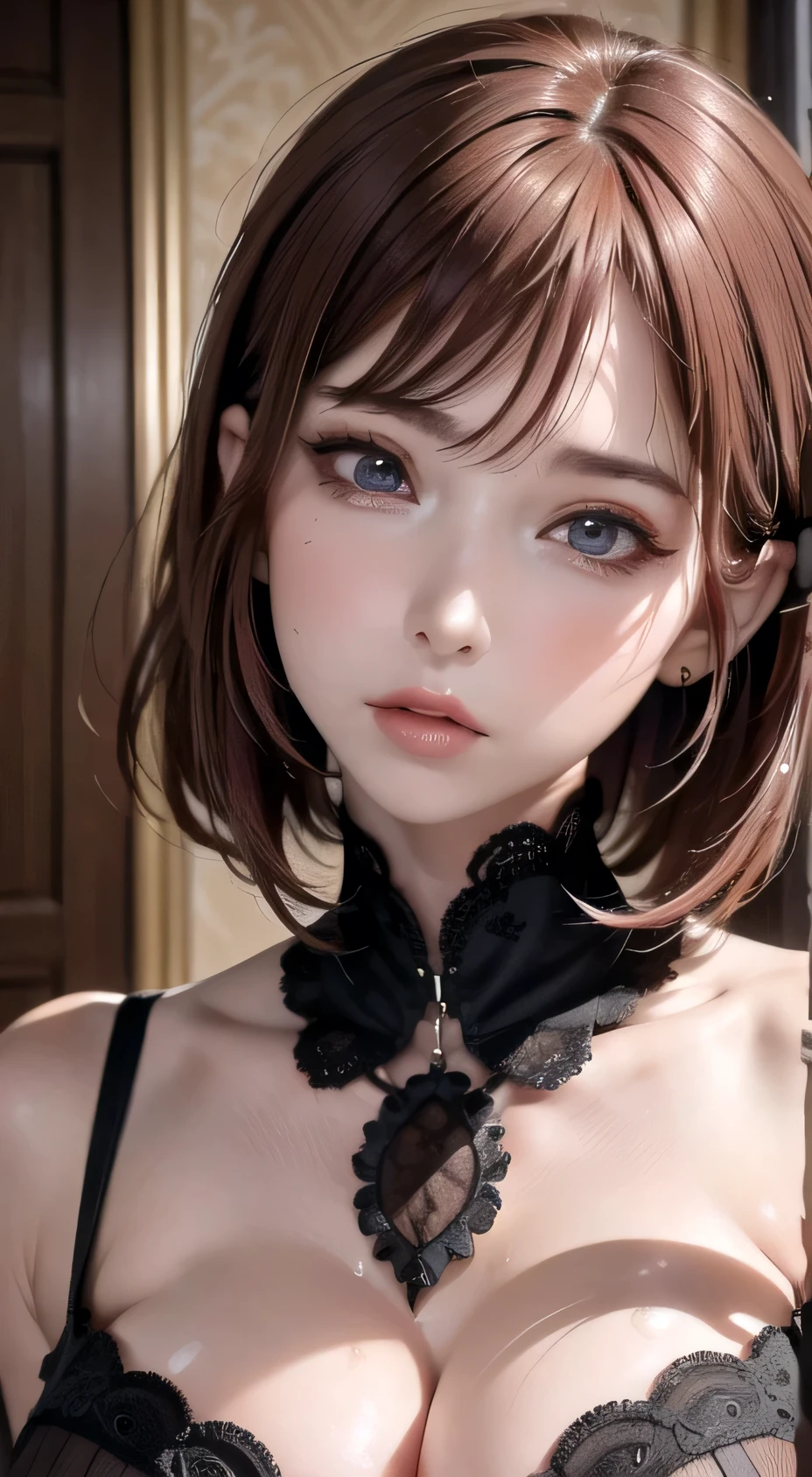 (Absurd, High resolution, Super detailed), One person, Mature Woman, Intricate details, Zoomed in texture, Intricate details, Detailed eyes and face, Intricate details, Redhead, (Mouth closed), Perfect Eyes, Make eye contact, Short clothes, Sweaty skin