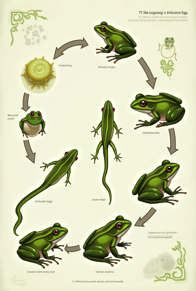 Create a life cycle of frog from GED text book like ( from egg - embryo - tadpoles - tadpoles with 2 legs - tadpoles with 4 legs - young frog - adult frog)