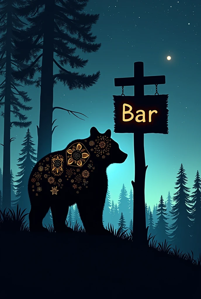 Silhouette of a standing bear filled with intricate patterns,Represents a forest full of dense trees. The image captures the contrast between the dark silhouette and the lush greenery within. A plain wooden bar sign can also be seen, Hanging on a pillar, Letters engraved and painted on it. The whole scene is set against a calm twilight backdrop.,Stars began to twinkle in the dark sky.
