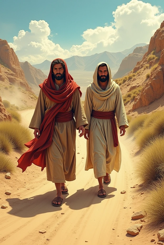 illustrations of 2 followers of Jesus walking to Emmaus, a village a few kilometers from Jerusalem on the dusty road, Fantasy comic book style, high qualiy