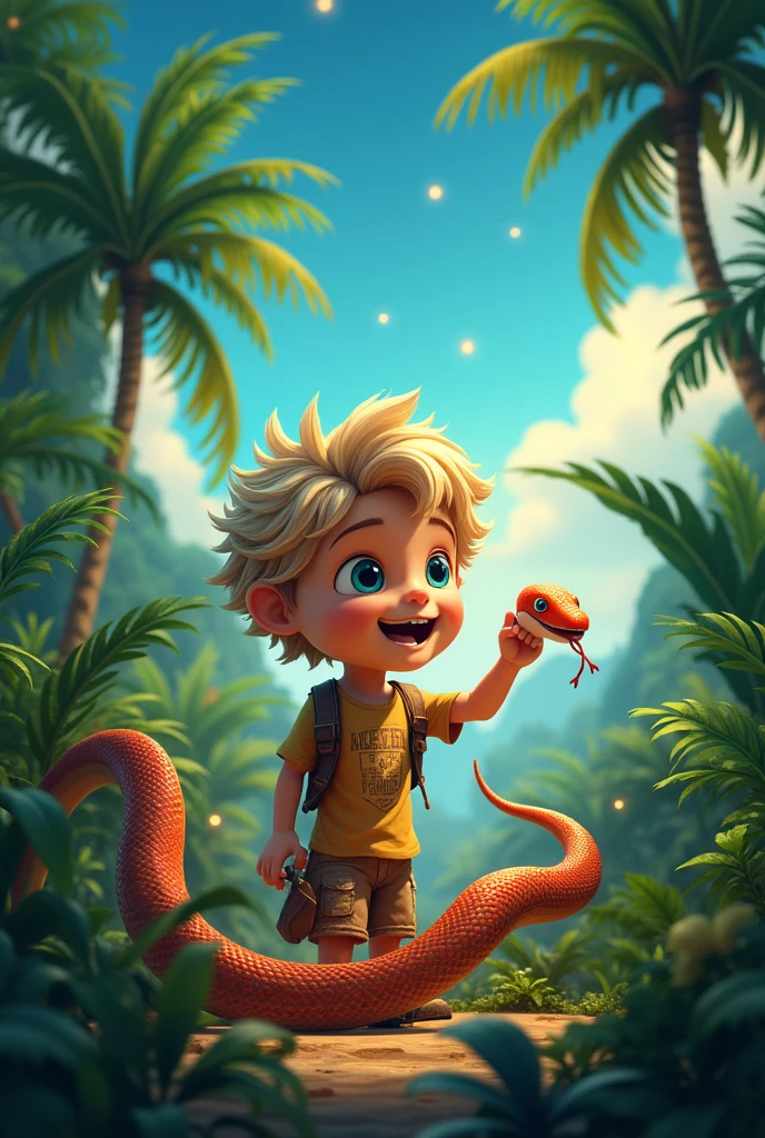 A boy with blond hair and blue eyes, Happy boy playing with a poisonous snake in a tropical jungle with starry sky