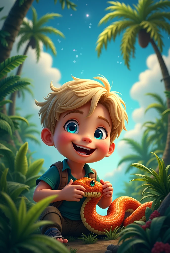 A boy with blond hair and blue eyes, Happy boy playing with a poisonous snake in a tropical jungle with starry sky