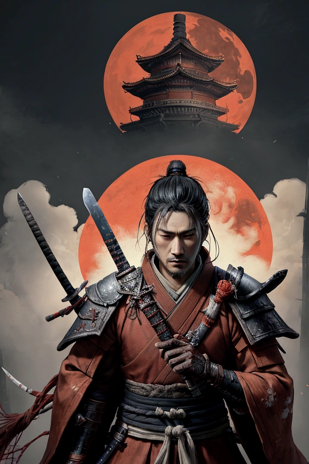 a painting of a man with a sword and a red sun, sekiro in bloodborne world, sekiro, inspired by Kanō Hōgai, feudal japan art, ghost of tsushima, traditional japanese concept art, inspired by Edo Murtić, ronin, inspired by Ma Shi, sekiro mountain, samurai style, benedick bana