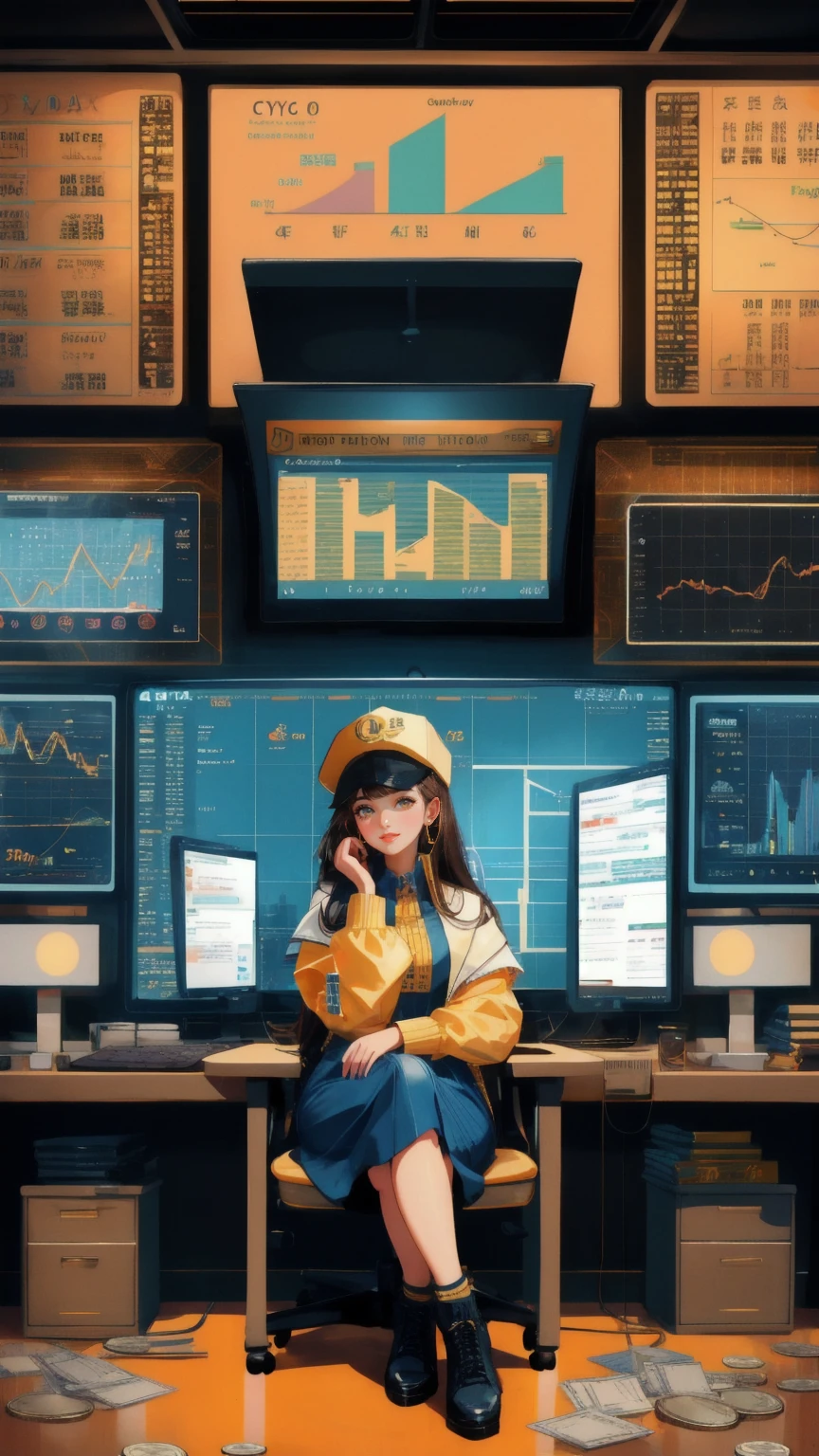 A beautiful, cute girl sitting at a desk, surrounded by cryptocurrency symbols and coins, in a retro-futuristic office environment. She is wearing a stylish hat and gold accessories, with a confident expression, representing the 'OG Crypto Dinosaur.' The background should be in rich brown tones, featuring a large computer screen displaying crypto charts and symbols. The scene exudes a mix of vintage charm and modern financial success, perfectly encapsulating the OG Crypto spirit