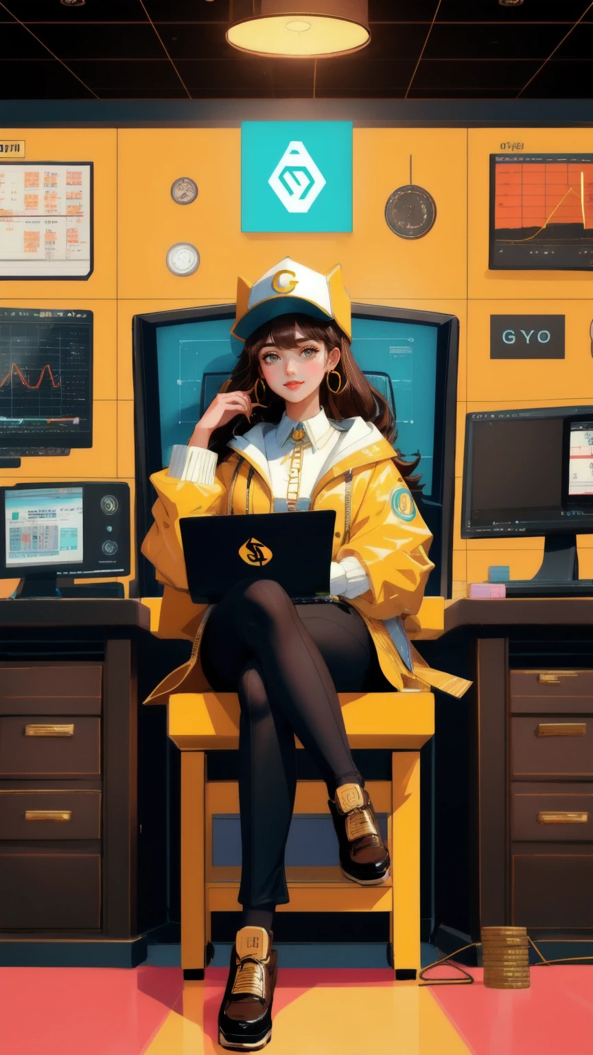 A beautiful, cute girl sitting at a desk, surrounded by cryptocurrency symbols and coins, in a retro-futuristic office environment. She is wearing a stylish hat and gold accessories, with a confident expression, representing the 'OG Crypto Dinosaur.' The background should be in rich brown tones, featuring a large computer screen displaying crypto charts and symbols. The scene exudes a mix of vintage charm and modern financial success, perfectly encapsulating the OG Crypto spirit