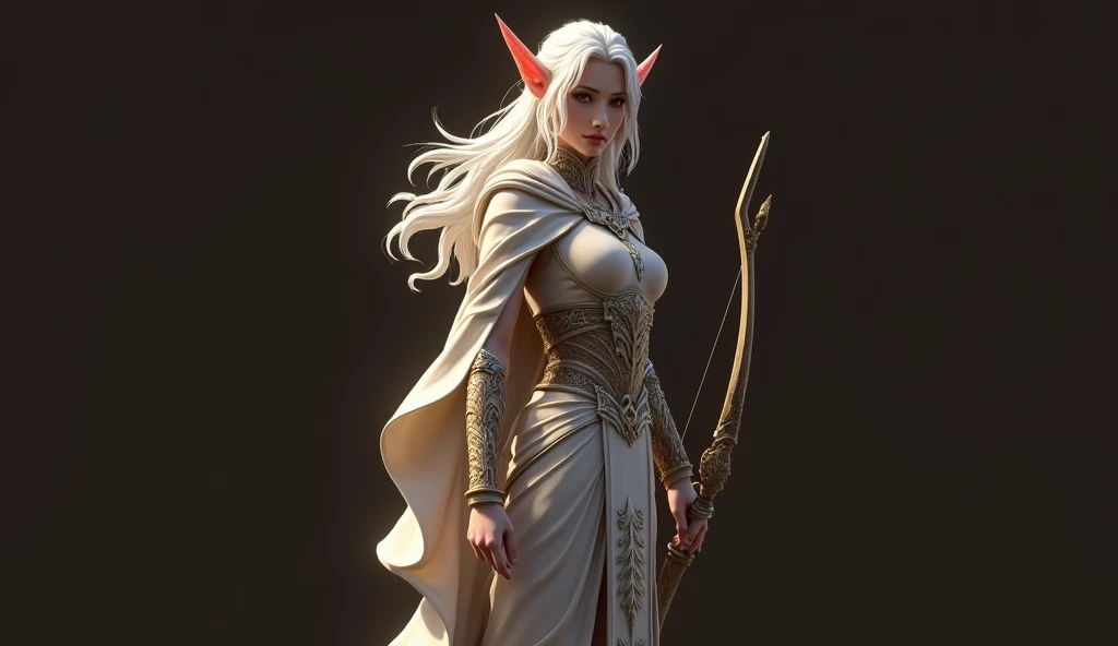 The elven race nation was at war with the monsters. Led by a white-haired, white-skinned adult female elf who carries a bow and arrow along with her army. Against the backdrop of a vast expanse of green land. Professional. 3d. ,ultra realistic, very detailed, digital art. game art