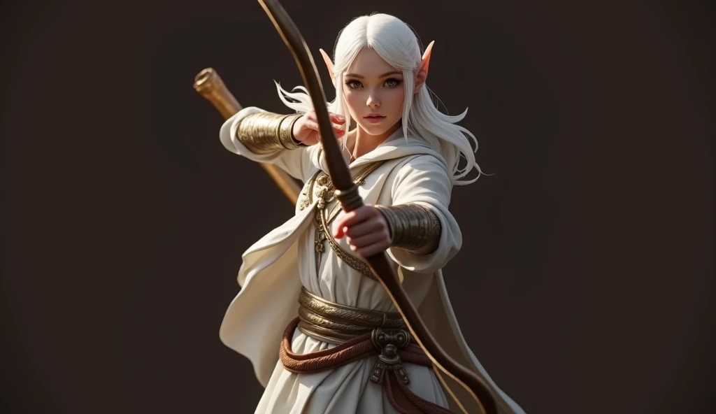 The elven race nation was at war with the monsters. Led by a white-haired, white-skinned adult female elf who carries a bow and arrow along with her army. Against the backdrop of a vast expanse of green land. Professional. 3d. ,ultra realistic, very detailed, digital art. game art