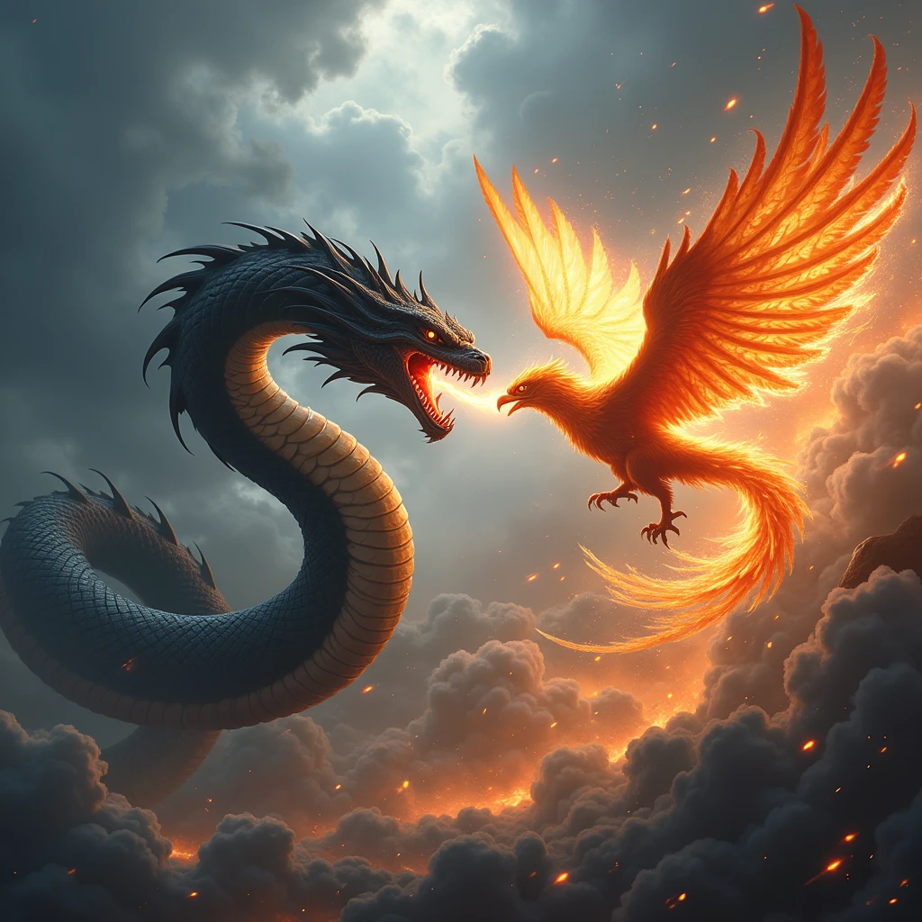 A fierce battle rages between a monstrous serpent and a valiant phoenix. The serpent, scales gleaming like obsidian, lunges with venomous fangs bared. The phoenix, a whirlwind of fire and fury, counters with talons ablaze. Each strike of claw and fang crackles with energy, illuminating the stormy sky with flashes of blinding light. This is a clash of titans, a timeless struggle between darkness and light, where only one can emerge victorious.