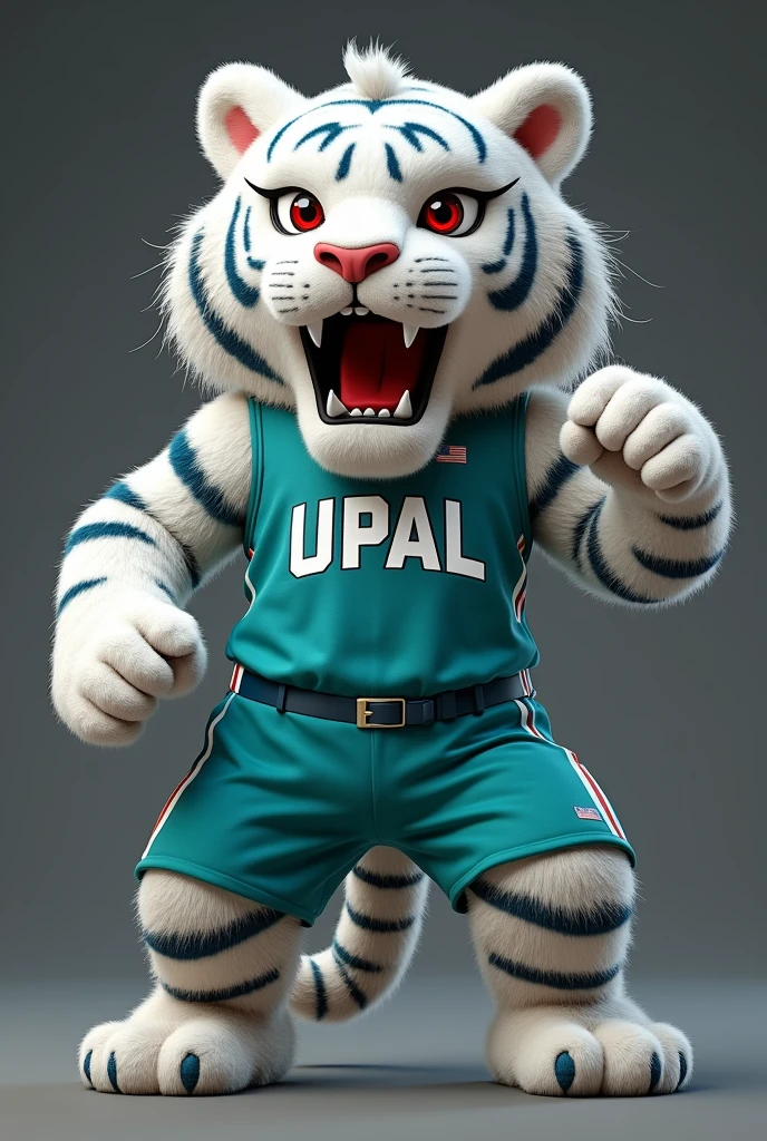 A university albino tiger mascot that says Upal and whose clothing is aqua green with navy blue 
